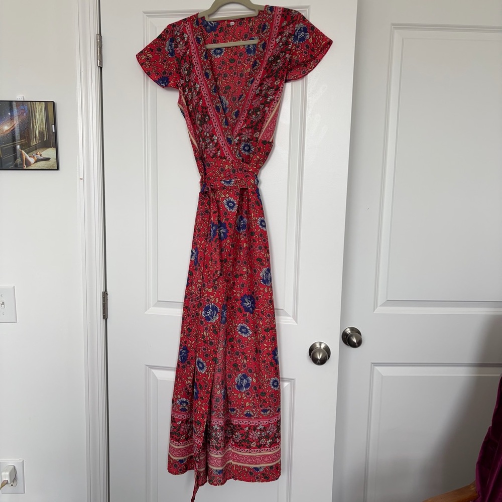 Red Floral Wrap Maxi Dress - Unbranded